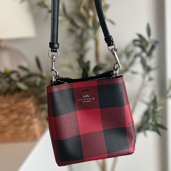 NWOT Coach Mini Town Crossbody Bucket Bag With Buffalo Plaid Print- Red/Black - Picture 2 of 8